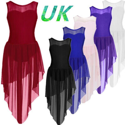 UK Girls Sleeveless Mesh Splice Lyrical Modern Dance Dress Leotard Stage Costume