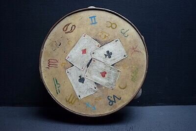 Antique Painted Oil Skin Tambourine Musical Zodiac Astrology Wood Rare Old 19th