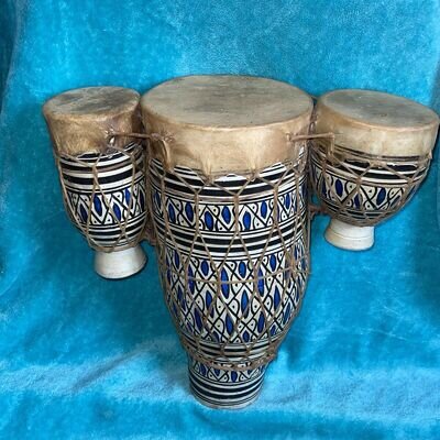 Vintage RAWHIDE TRIPLE BONGO DRUMS Ceramic Terracotta Base DECORATIVE