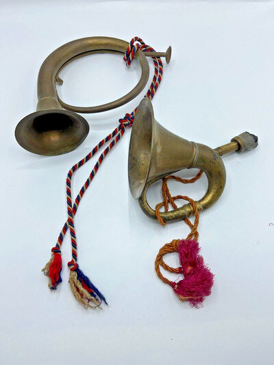 Vintage 2 x Copper & Brass Military style Bugles with red / gold rope & tassels