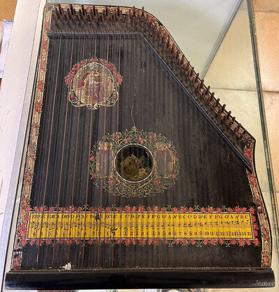 Antique Wooden Hand Painted Floral Decoration Zither Harp - As Found