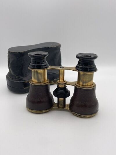 Antique Opera Glasses Brass And Leather With Case c1890