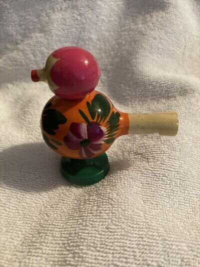 Vintage Russian Folk Art Wooden Bird Whistle Hand Painted Wood