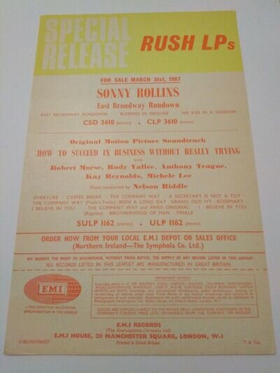 1967 SPECIAL RUSH Record advertising Flyer: SONNY ROLLINS, Robert Morse