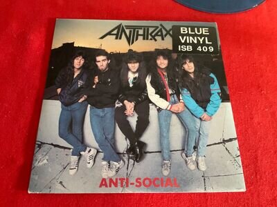 EX/EX !! Anthrax/Anti-Social/1988 Island 7" Single/Blue Vinyl