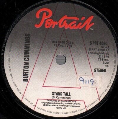 BURTON CUMMINGS STAND TALL 7" VINYL Promo b/w burch magic. nnumber sticker on la