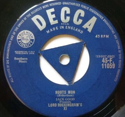 Lord Rockinghams XI Hoots Mon 7" Decca F11059 EX 1958 Hoots Mon/Mystery Train