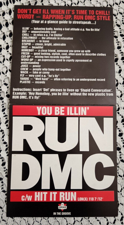 RUN DMC.DICTIONARY OF RAP INSERT.YOU BE ILLIN.7".PC.RAP.HIPHOP.OLD SCHOOL