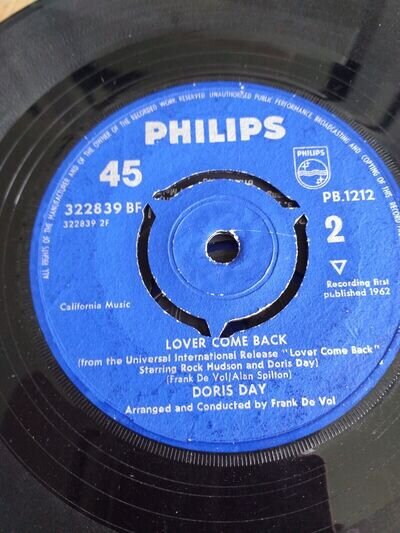 Philips - Doris Day - 45 rpm 7" Single Vinyl Record - Lover Come Back