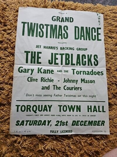 THE JETBLACKS CONCERT POSTER FEAT THE TORNADOES - TOQUAY TOWN HALL UK - SCARCE