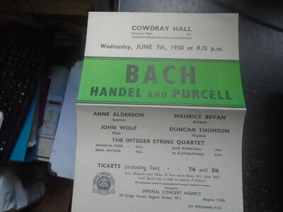 1950 Rare Classical Music Poster, Cowdraw Hall, London, Bach, Handel, Purcell