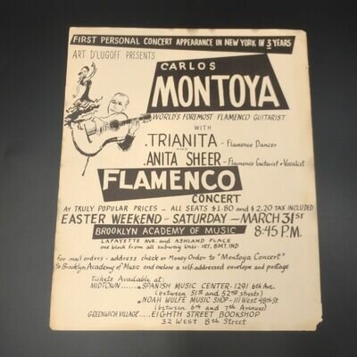 Vintage Original Carlos Montoya Flamenco Concert Window Poster Brooklyn Academy