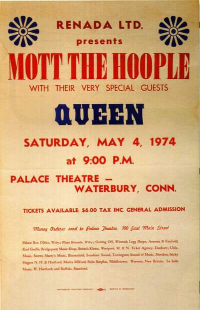 QUEEN / MOTT THE HOOPLE Concert Window Poster 1974 Connecticut RARE - reprint