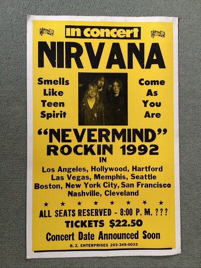 Nirvana In Concert Nevermind Rockin 1992 USA Original Tour Poster 22x14" Screen