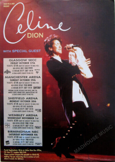 CELINE DION Flyer DEUX TOUR 1995 A5 Glossy PROMO Poster Manchester Wembley