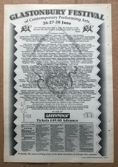 GLASTONBURY 1992 BLUR/P J HARVEY/THE FALL/PRIMAL SCREAM POSTER SIZED ADVERT