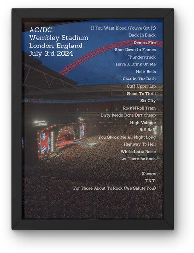 AC/DC Wembley Night 1 Setlist Poster 3rd July Rock Music Angus Young Johnson