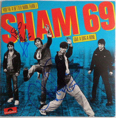 SHAM 69 AUTOGRAPHED 7 INCH SINGLE, BY JIMMY PURSEY, DAVE TREGUNNA, DAVE PARSONS.