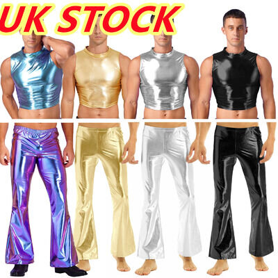 Men's Shiny Faux Leather Disco Trousers Bell Bottoms Flared Mock Neck Crop Tank