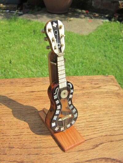 Antique Miniature Guitar and Stand, Boxed, Mother of Pearl Decoration