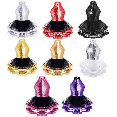 Kids Girls Sparkly Sequin Tutu Dress Halter Jazz Dance Leotard Dress Costume