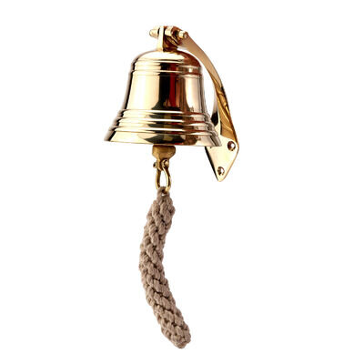 Ship bell brass gold with wall holder & ribbon Ø: 10 cm heavy design