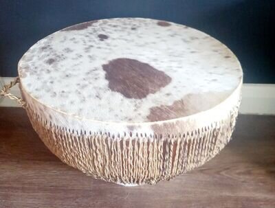 Vintage 1970s African Tribal Cow Hide Large Drum/Side Table