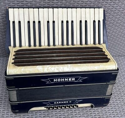 Vintage Hohner Carmen II accordian, original, working, black, good bellows