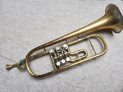 Nice, very old rotary trumpet in C (?) with crook, (needs repair)