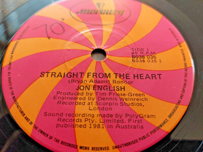 JON ENGLISH * STRAIGHT FROM THE HEART * 7" ROCK SINGLE 1981 AUSTRALIA EXCELLENT