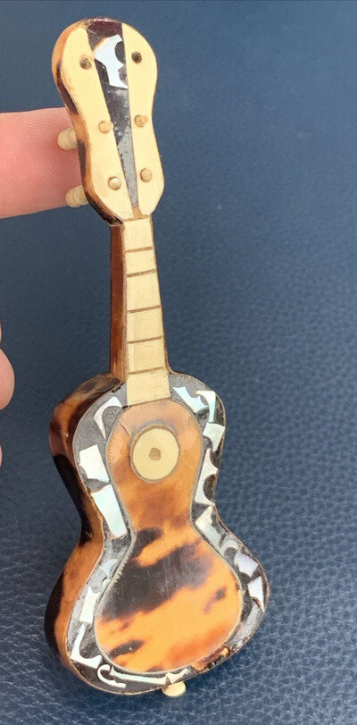 Antique Miniature Guitar Mother of Pearl Shell and Bovine Decoration Some Losses