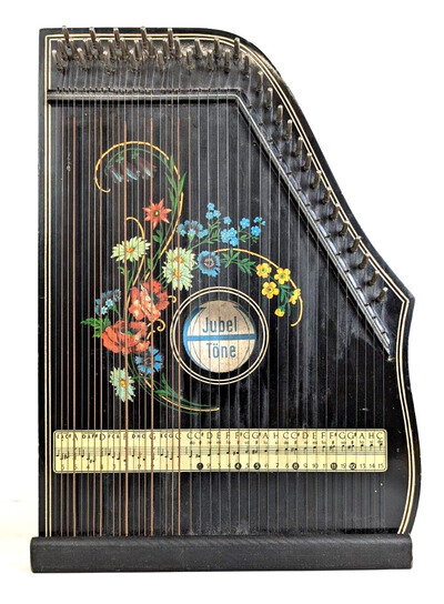 Vintage JubelTone Konzert Harp Zither Black Flowers 41 Strings