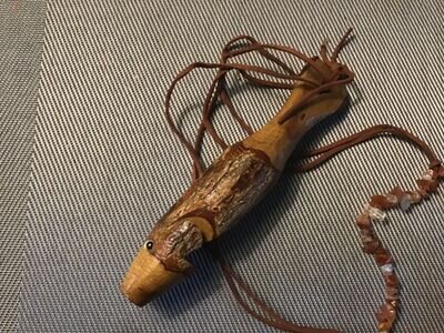 Old Vintage Hand Carved Wood Fish Whistle Folk Art~WOW~Beaded Leather Neck Strap