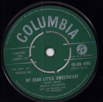 Sarah Vaughan My Dear Little Sweetheart 7" vinyl UK Columbia 1960 4 prong label