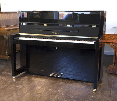 New, Bauhaus style, Feurich Model 115 upright piano with a black case